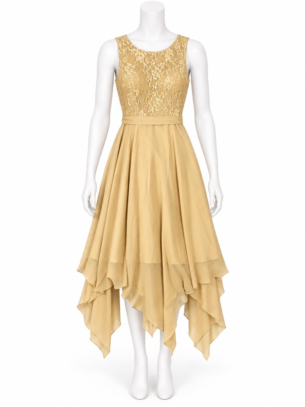 JJs House Gold Lace Bodice High-Low Hem Evening Dress